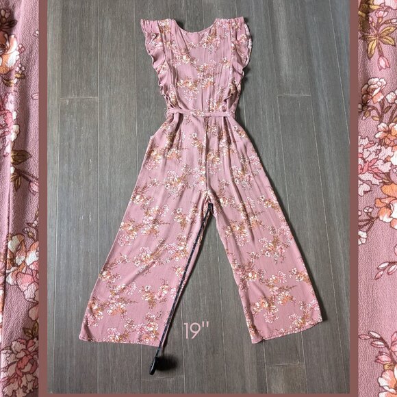 Xhilaration, Mauve Floral Cropped Jumpsuit with Ruffles, Vneck, Size S - Picture 10 of 14